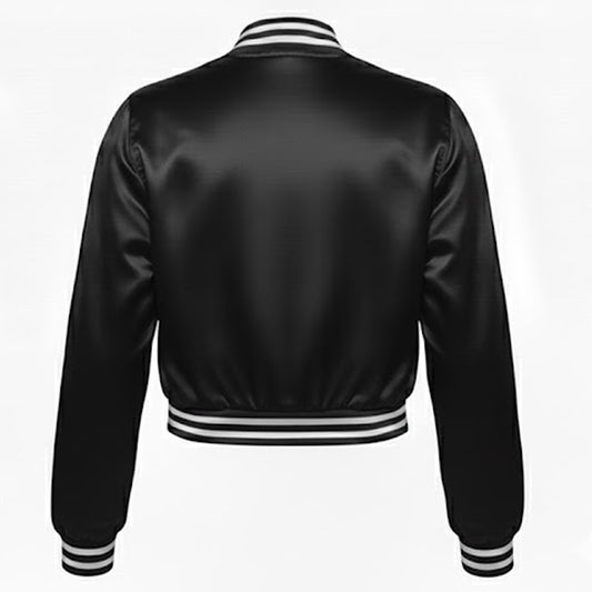 Black satin bomber jacket with striped cuffs and hem on a white background