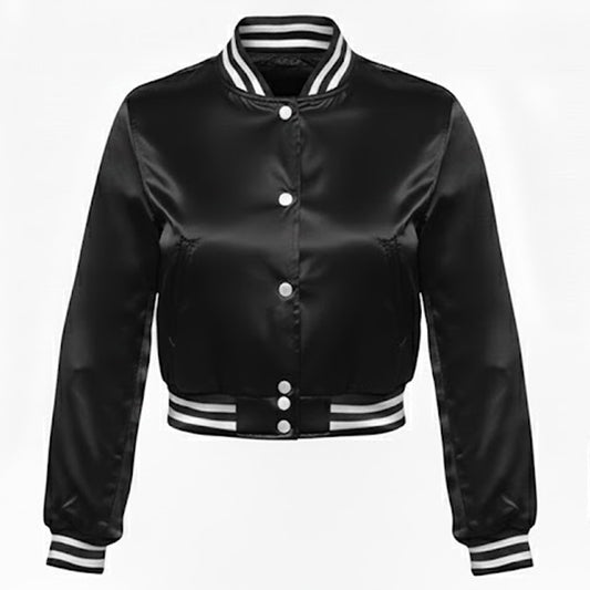 Stylish Vintage Women’s Varsity Letterman Baseball Satin Black Croptop Jacket
