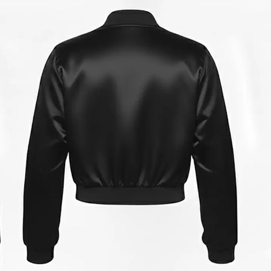 Women's Solid Black Cropped Varsity Letterman Bomber Jacket with Trims