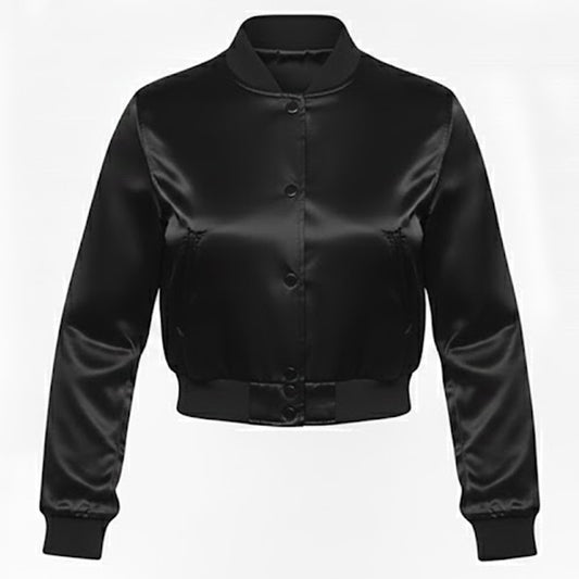 Stylish Vintage Women’s Varsity Letterman Baseball Satin Solid Black Croptop Jacket