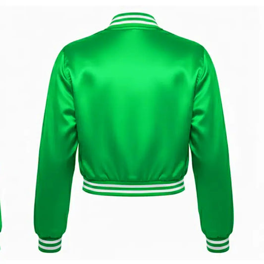 Green satin jacket with white trim on a white background