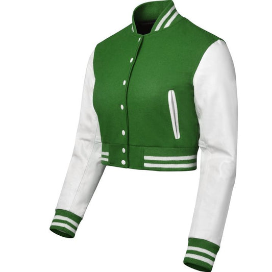 Stylish Vintage Women’s Varsity Letterman Baseball Jacket Green Wool & White Leather Sleeve