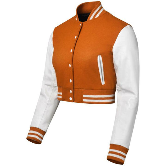 Stylish Vintage Women’s Varsity Letterman Baseball Jacket Orange Wool & White Leather Sleeve