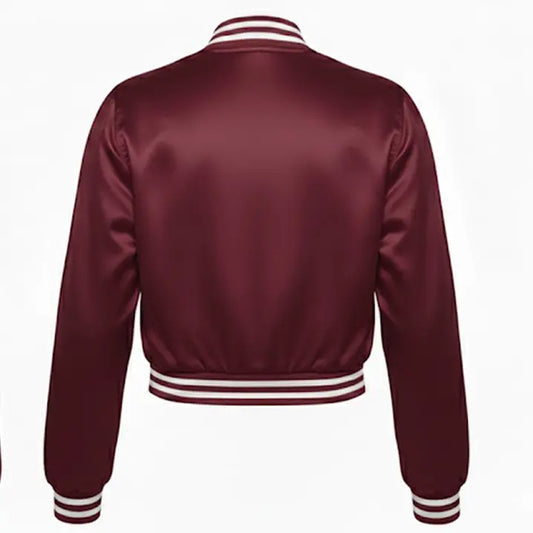 Maroon satin bomber jacket with white stripes on a white background
