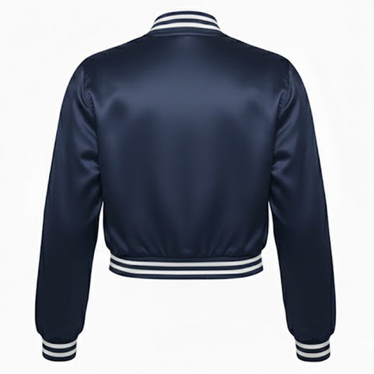 Navy blue bomber jacket with white trim on a white background