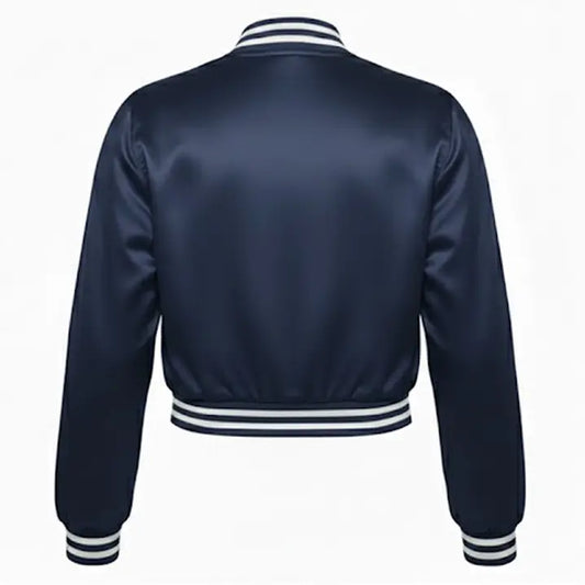 Navy blue bomber jacket with white trim on a white background