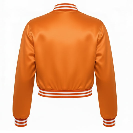 Orange varsity jacket with white stripes on a white background