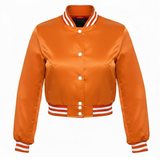 Orange varsity jacket with white buttons and trim on a white background