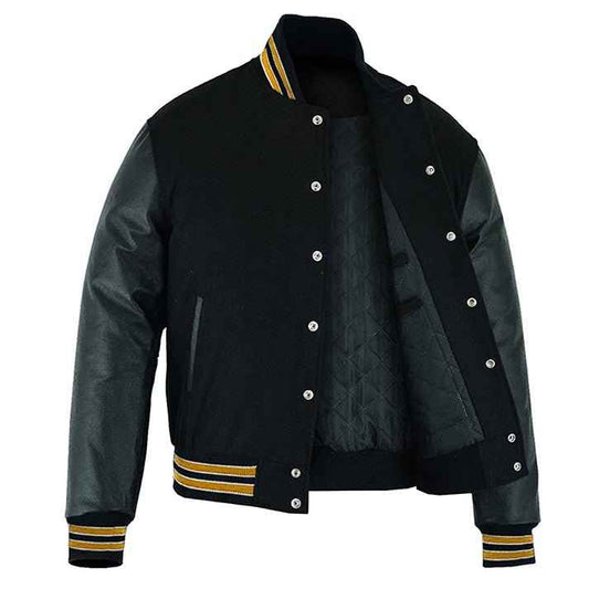 Premium Varsity Lettermen Baseball Jacket Solid Black Wool & Gold Trims