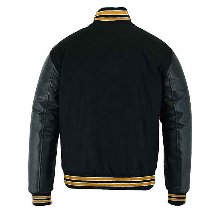 Premium Varsity Lettermen Baseball Jacket Solid Black Wool & Gold Trims