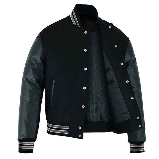 Premium Varsity Lettermen Baseball Jacket Solid Black Wool & Grey Trims