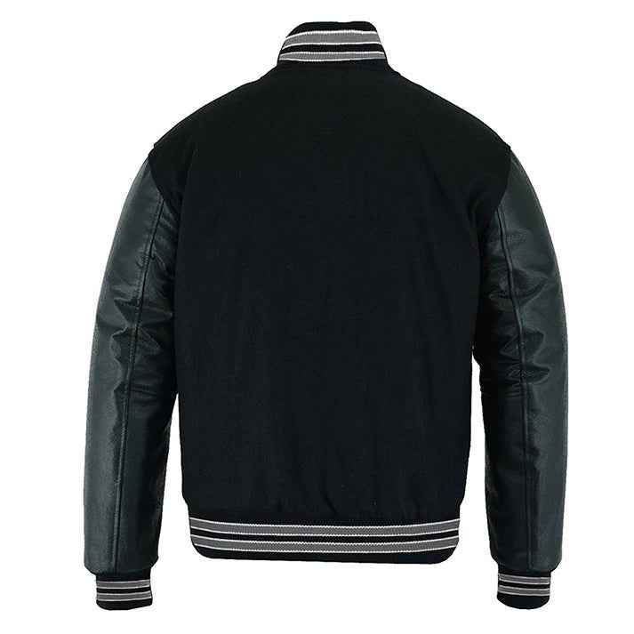 Premium Varsity Lettermen Baseball Jacket Solid Black Wool & Grey Trims