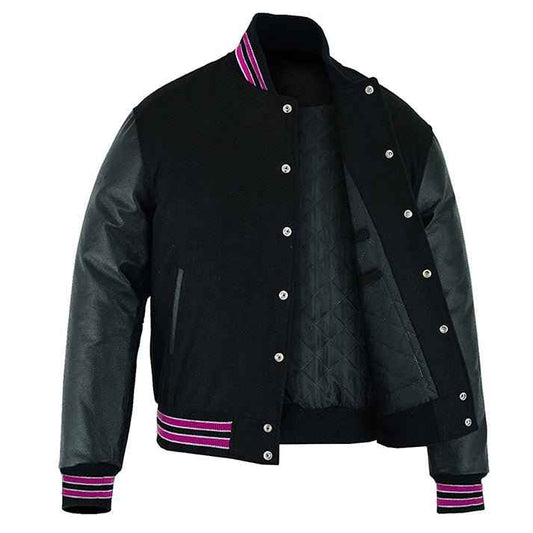 Premium Varsity Lettermen Baseball Jacket Solid Black Wool & Hot Pink Trims