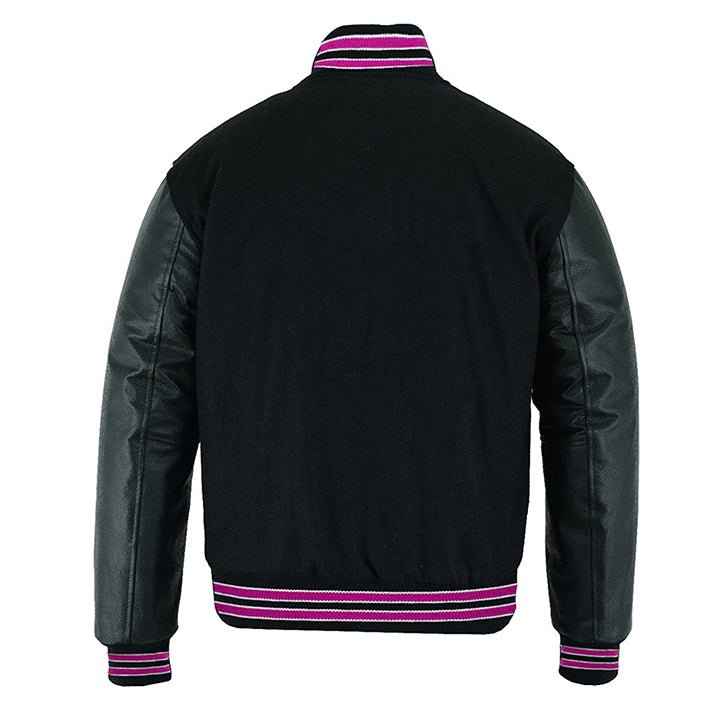Premium Varsity Lettermen Baseball Jacket Solid Black Wool & Hot Pink Trims
