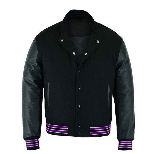 Premium Varsity Lettermen Baseball Jacket Solid Black Wool & Purple Trims