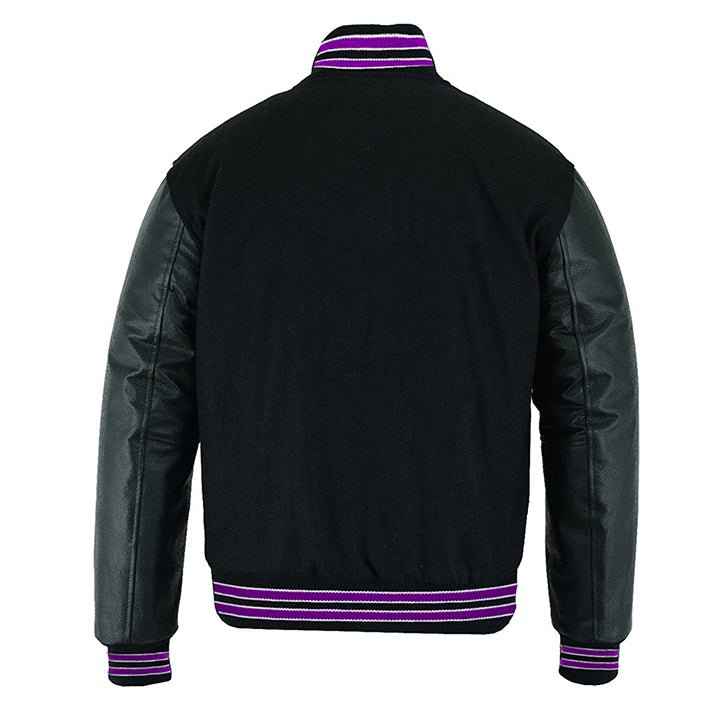 Premium Varsity Lettermen Baseball Jacket Solid Black Wool & Purple Trims