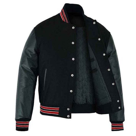 Premium Varsity Lettermen Baseball Jacket Solid Black Wool & Red Trims