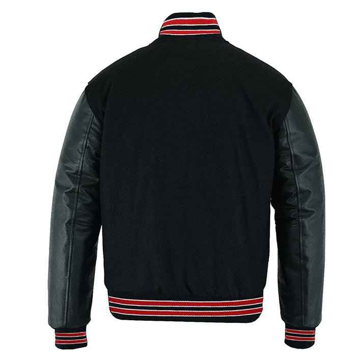 Premium Varsity Lettermen Baseball Jacket Solid Black Wool & Red Trims
