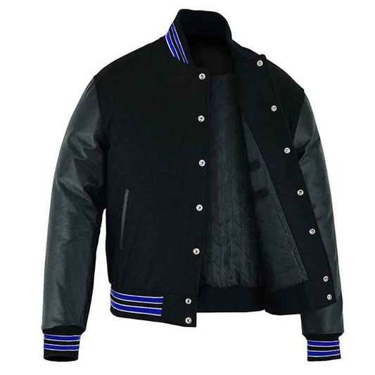 Premium Varsity Lettermen Baseball Jacket Solid Black Wool & Royal Blue Trims
