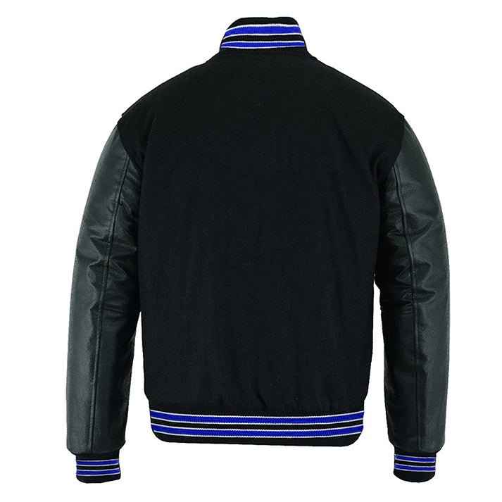 Premium Varsity Lettermen Baseball Jacket Solid Black Wool & Royal Blue Trims