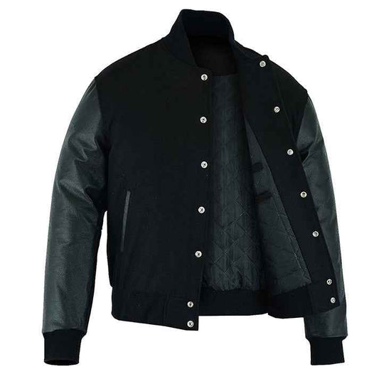 Premium Varsity Lettermen Baseball Jacket Black Wool Body & Black Leather Sleeves