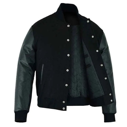 Premium Varsity Lettermen Baseball Jacket Black Wool Body & Black Leather Sleeves