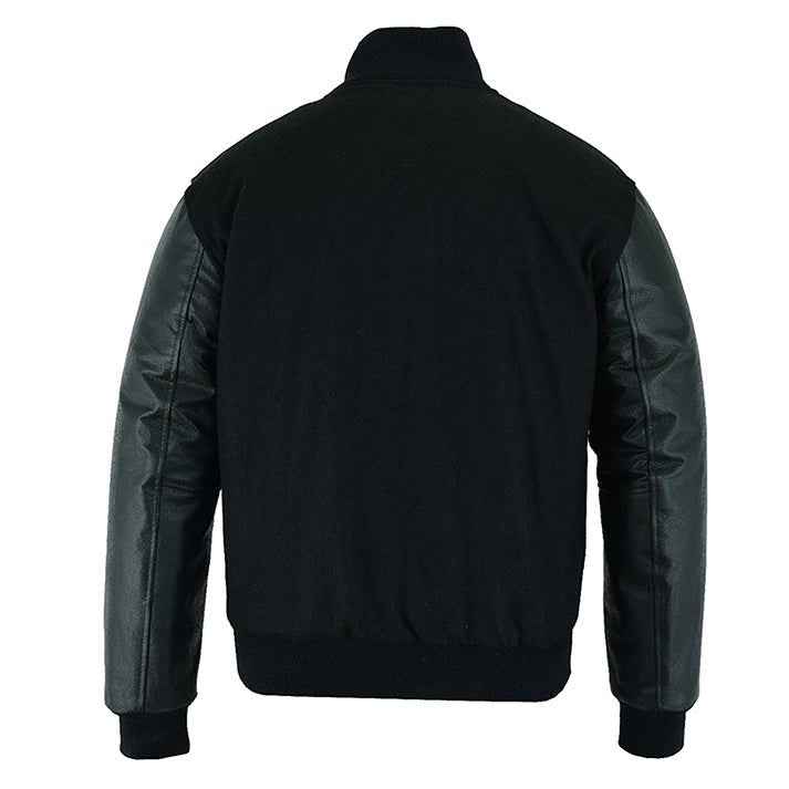 Premium Varsity Lettermen Baseball Jacket Black Wool Body & Black Leather Sleeves