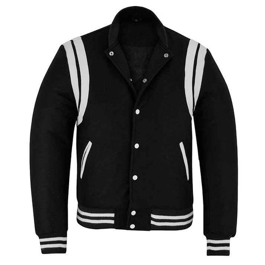 Classic Varsity Letterman Teddy Baseball College Black Wool With White Double Leather Strip Jacket
