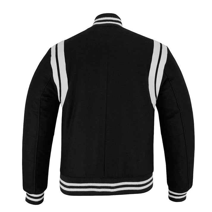 Classic Varsity Letterman Teddy Baseball College Black Wool With White Double Leather Strip Jacket