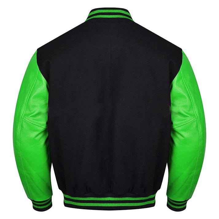 Premium Varsity Lettermen Baseball Jacket Black Wool Body & Green Leather Sleeves