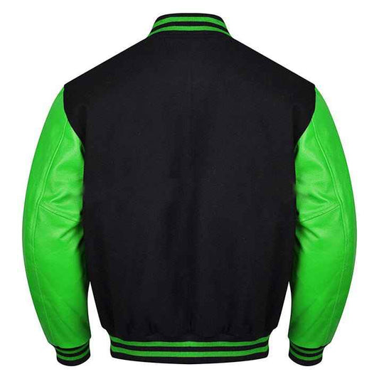 Premium Varsity Lettermen Baseball Jacket Black Wool Body & Green Leather Sleeves