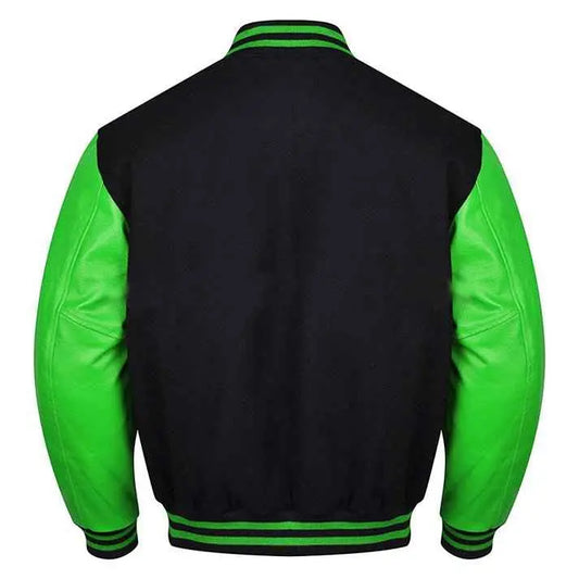 Premium Varsity Lettermen Baseball Jacket Black Wool Body & Green Leather Sleeves