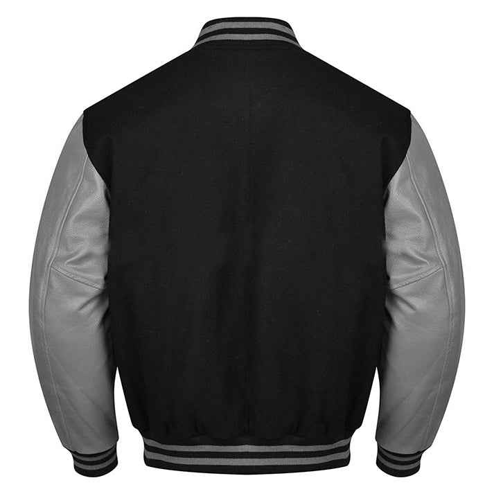 Premium Varsity Lettermen Baseball Jacket Black Wool Body & Grey Leather Sleeves