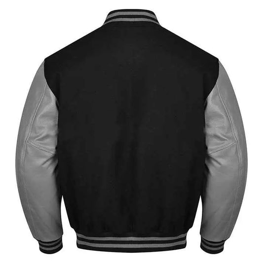 Premium Varsity Lettermen Baseball Jacket Black Wool Body & Grey Leather Sleeves