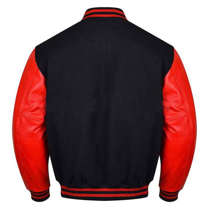 Premium Varsity Lettermen Baseball Jacket Black Wool Body & Red Leather Sleeves