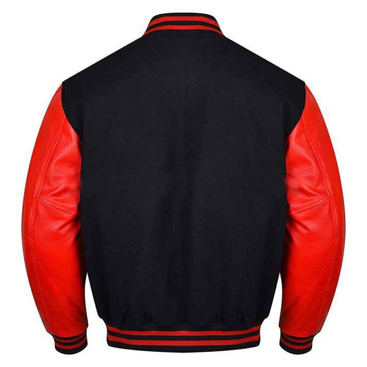 Premium Varsity Lettermen Baseball Jacket Black Wool Body & Red Leather Sleeves