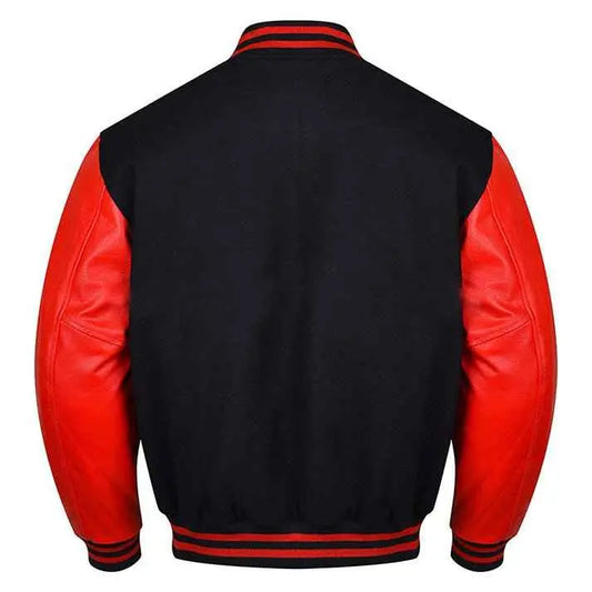 Premium Varsity Lettermen Baseball Jacket Black Wool Body & Red Leather Sleeves
