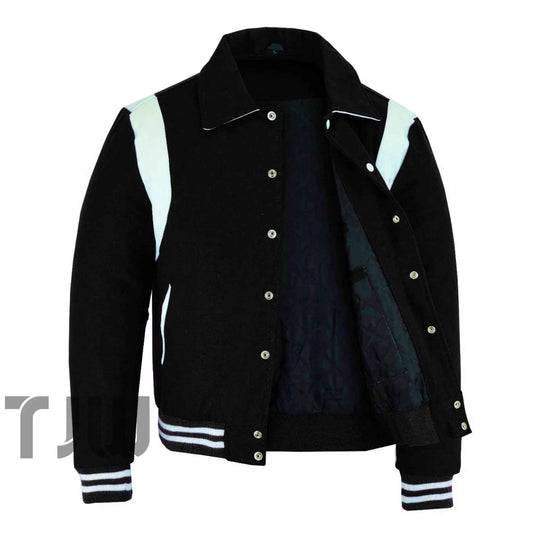 Classic Varsity Letterman Baseball College Black Wool With White Single Leather Strip Jacket