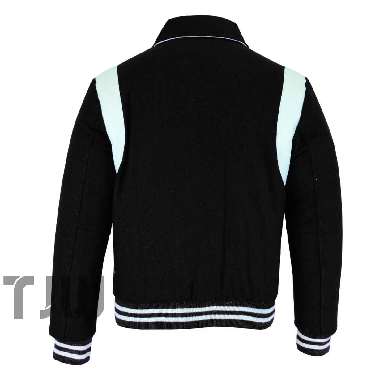 Classic Varsity Letterman Baseball College Black Wool With White Single Leather Strip Jacket