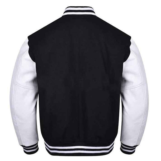 Premium Varsity Lettermen Baseball Jacket Black Wool Body & White Leather Sleeves