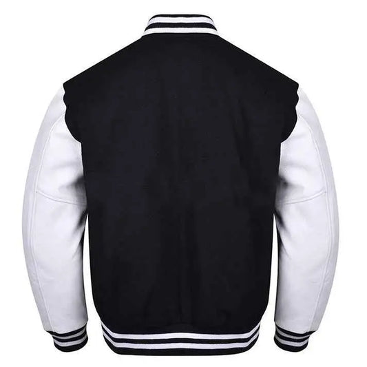 Premium Varsity Lettermen Baseball Jacket Black Wool Body & White Leather Sleeves