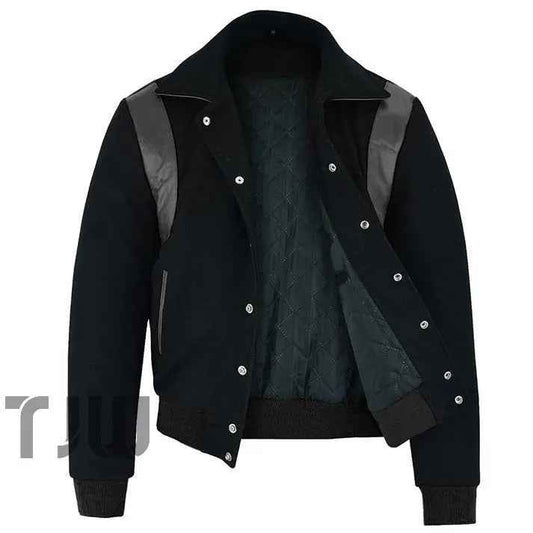 Classic Varsity Letterman Baseball College Solid Black Wool With White Single Leather Strip Jacket