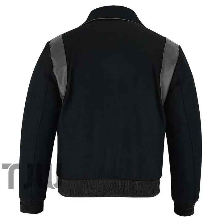 Classic Varsity Letterman Baseball College Solid Black Wool With White Single Leather Strip Jacket