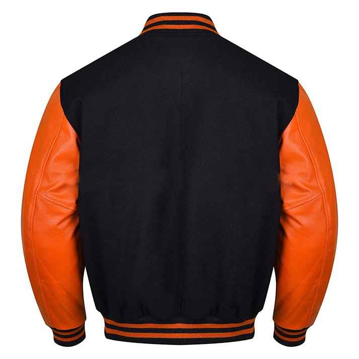 Premium Varsity Lettermen Baseball Jacket Black Wool Body & Orange Leather Sleeves