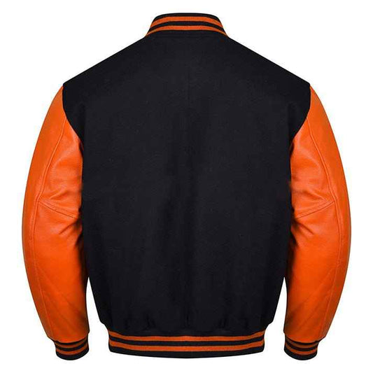Premium Varsity Lettermen Baseball Jacket Black Wool Body & Orange Leather Sleeves
