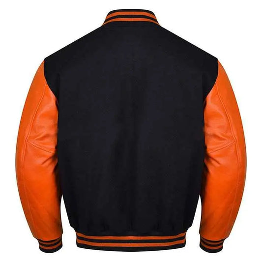 Premium Varsity Lettermen Baseball Jacket Black Wool Body & Orange Leather Sleeves
