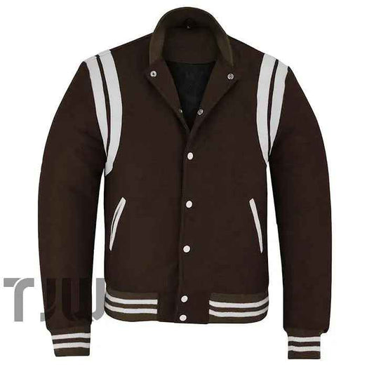 Classic Varsity Letterman Teddy Baseball College Brown Wool With White Double Leather Strip Jacket