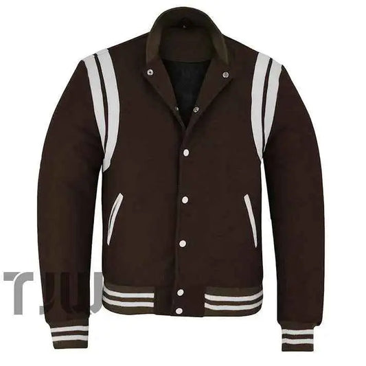 Classic Varsity Letterman Teddy Baseball College Brown Wool With White Double Leather Strip Jacket