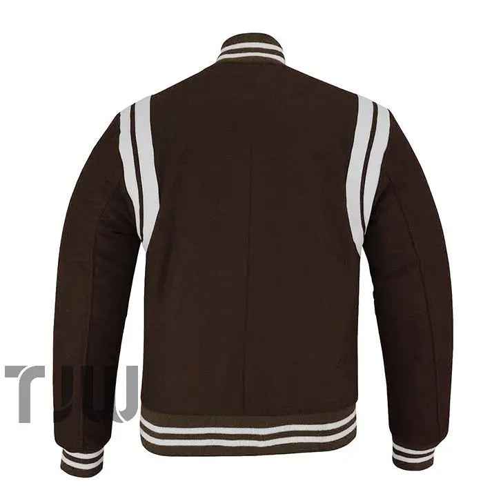 Classic Varsity Letterman Teddy Baseball College Brown Wool With White Double Leather Strip Jacket