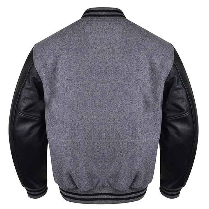 Premium Varsity Lettermen Baseball Jacket Dark Grey Wool Body & Black Leather Sleeves